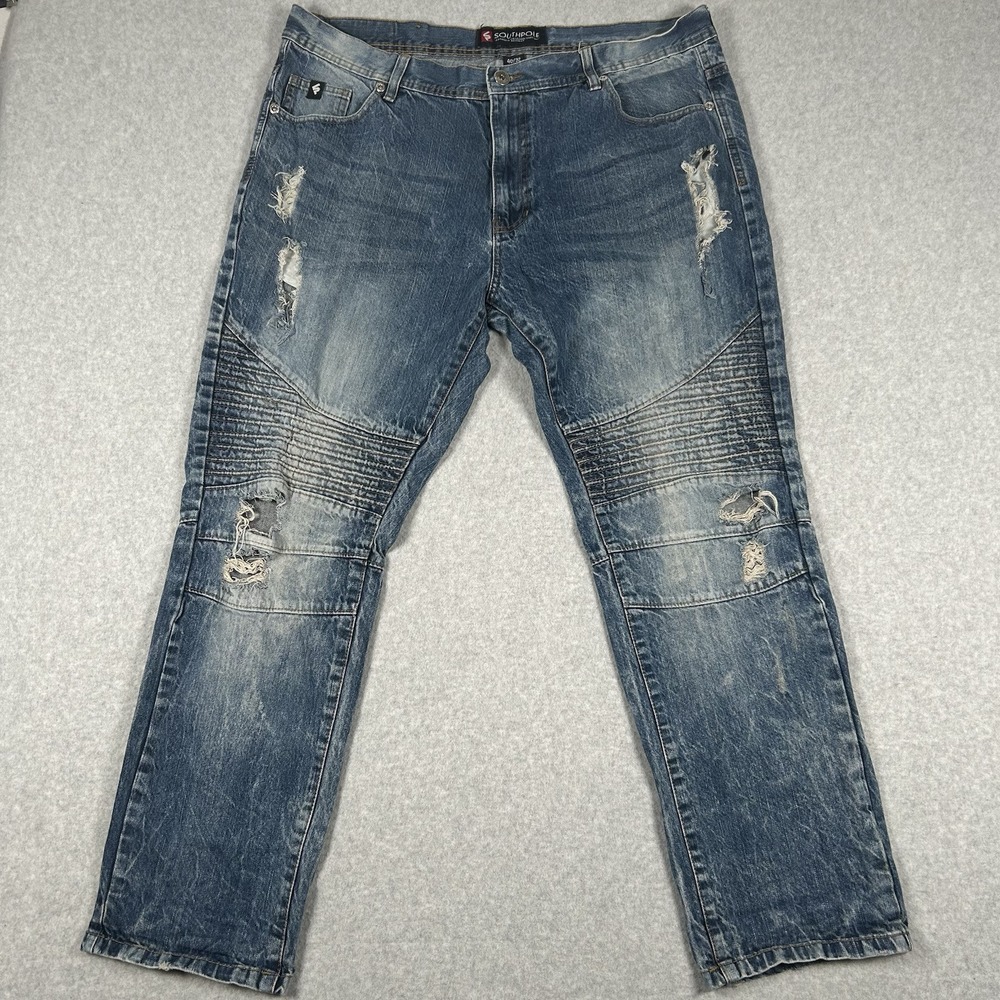 Southpole Jeans Mens Size 40x32 Blue Distressed Tapered Moto‎ Acid Wash VTG Y2K